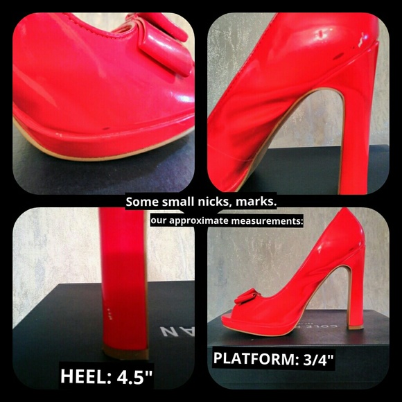 JESSICA SIMPSON 6.5 GLOSSY RED HEELS w BOW ACCENTS flare thick heel open toe - Picture 8 of 9